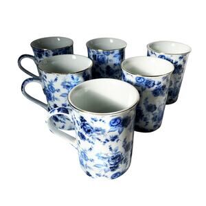 Vintage Set of 6 Antique Reflections by J Godinger & Co Blue Floral Rose Mugs